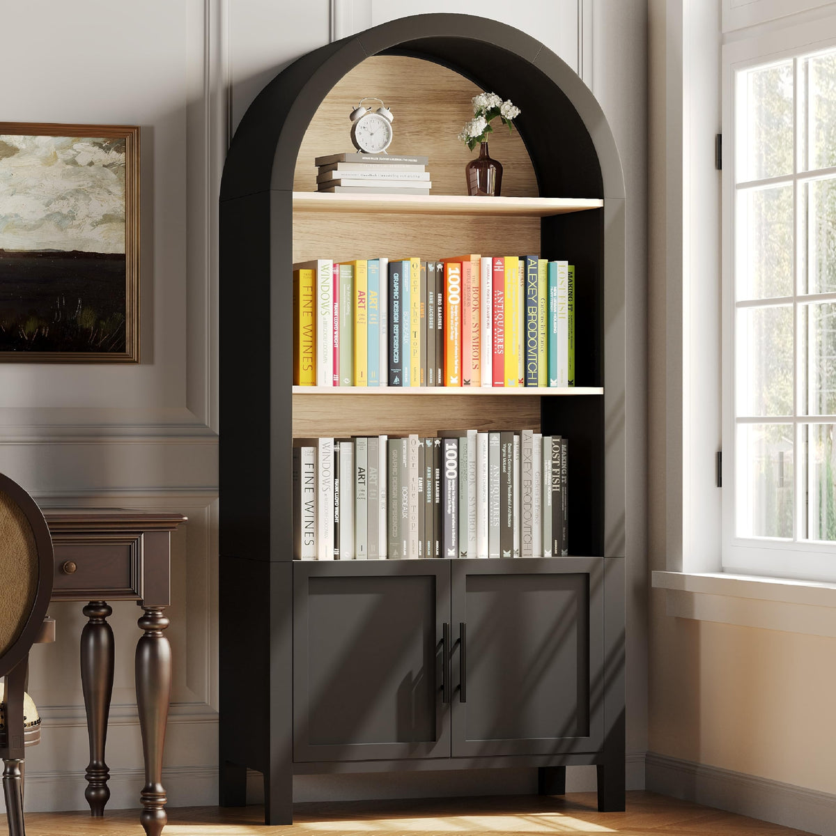 KEIKI 66.7" Tall Arched Bookshelf, Modern Bookcase with 3-Tier Storage Shelf & Cabinet, Large Wooden Open Display Book Shelves, Space-Saving Corner Book Shelf for Home Office Living Room, Black
