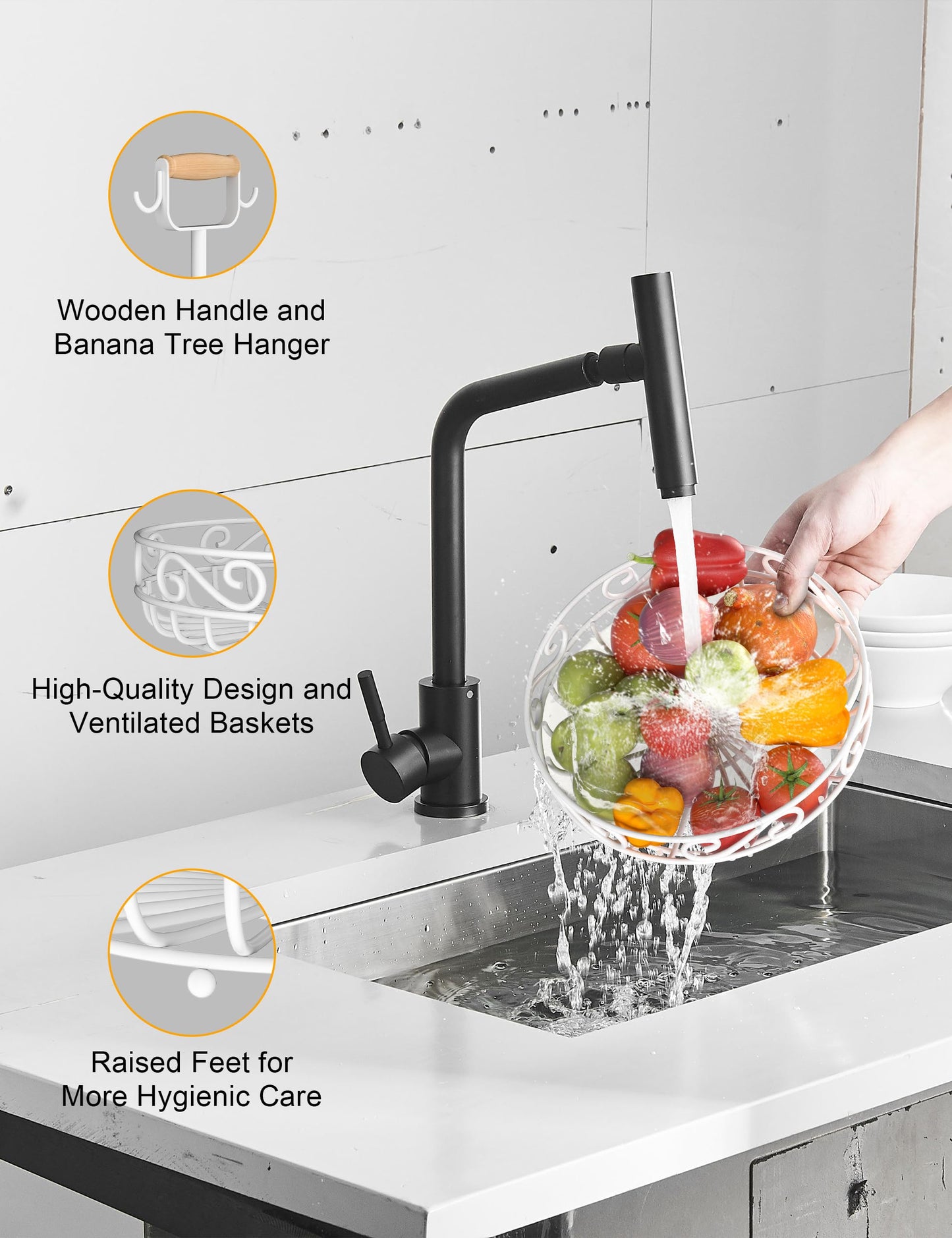 2-Tier 𝐅𝐫𝐮𝐢𝐭 𝐁𝐚𝐬𝐤𝐞𝐭 and Fruit Bowl - Fruit and Vegetable Storage with Banana Tree Hanger and Wood Handle, Fruit Basket for Kitchen Counter, for Bread Onions Potatoes Veggies Produce