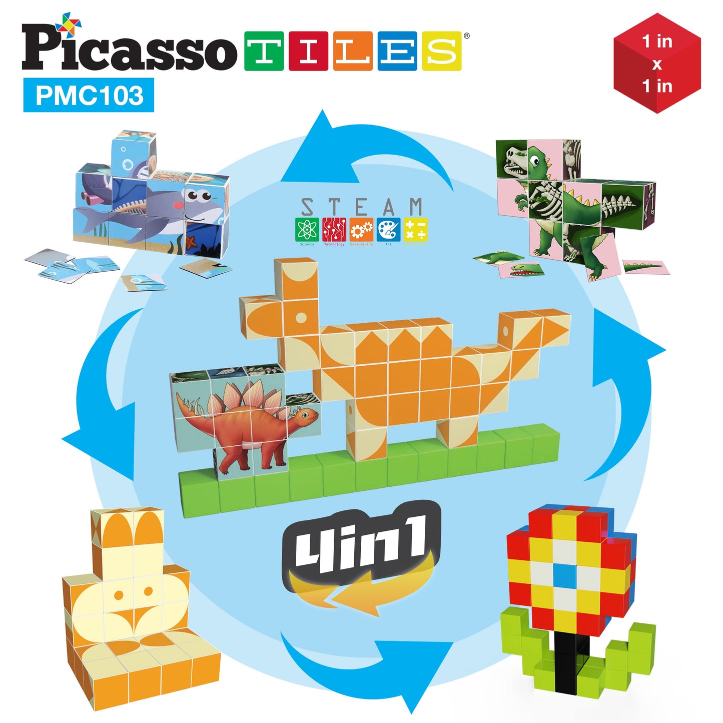 PicassoTiles 103 Pieces 1" Magnetic Toy Building Block Cubes Building Block, 3D Cube Construction Cubes Magnet Sensory Toys Gifts Educational with Free Idea Book for Kid, Boy, Girl & Toddler PMC103