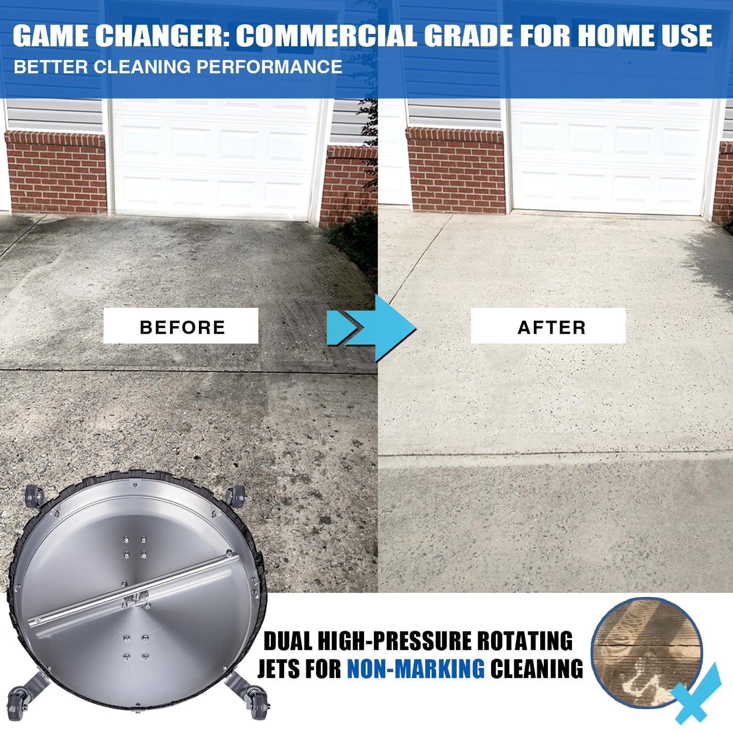 MEKOH Pressure Washer Surface Cleaner 22'', 4500PSI Stainless Steel Surface Cleaner Attachment with Wheels, Power Washer Accessory for Driveway Sidewalk Curb Deck Patio Cleaning, 3/8'' Quick-Connect
