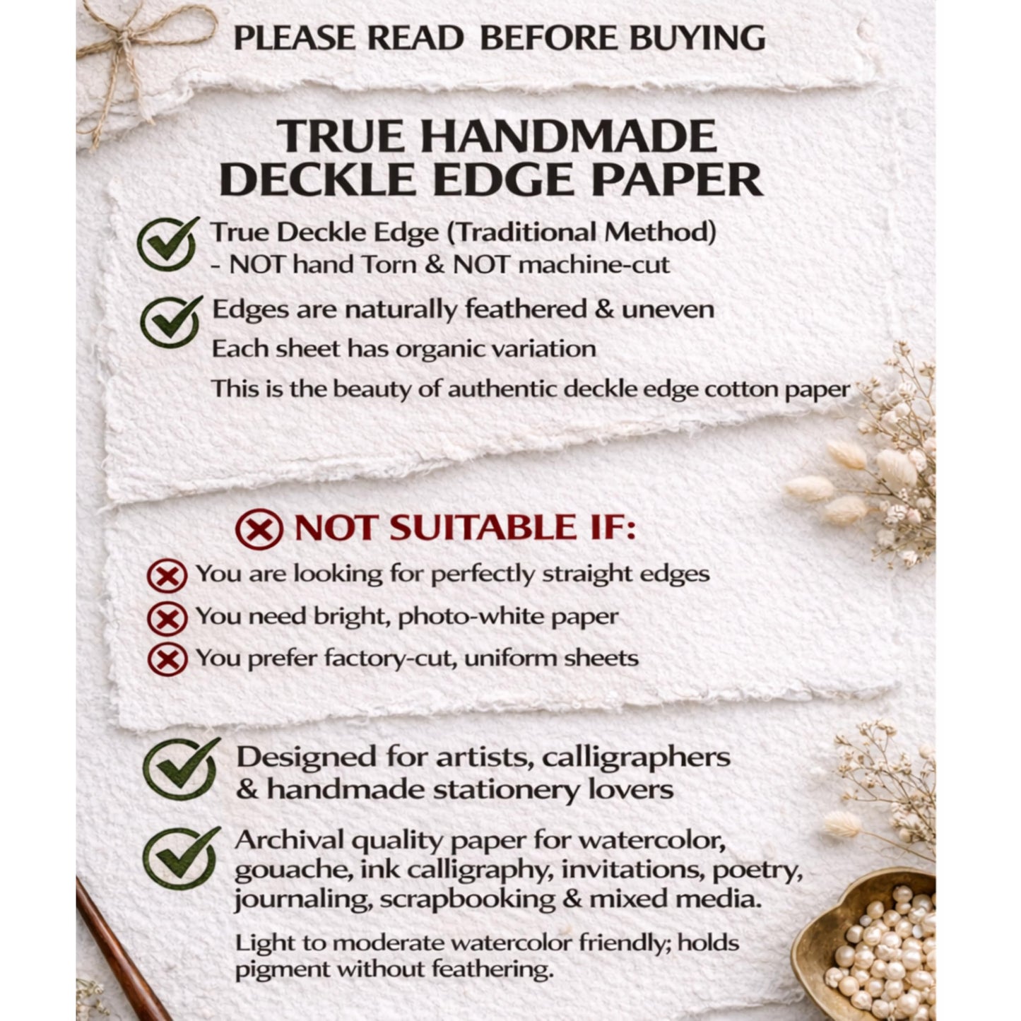 Handmade White Deckle Edge Blank Paper - 5x7 Inch Package of 50 - Mixed Media Loose Leaf Paper for Postcards, Invitations, Crafts and Announcements - Thick 150 GSM