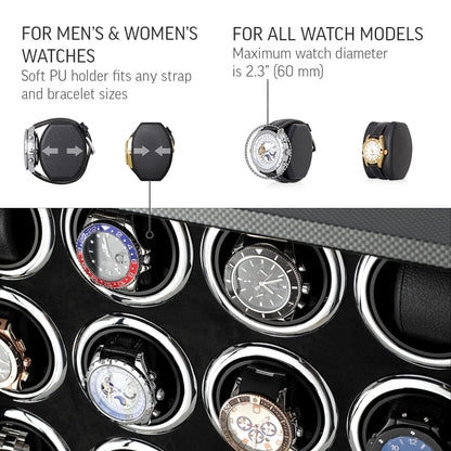 16 Watch Winder for Automatic Watches with LED Light and Coordinated Rotor Stop (Carbon)