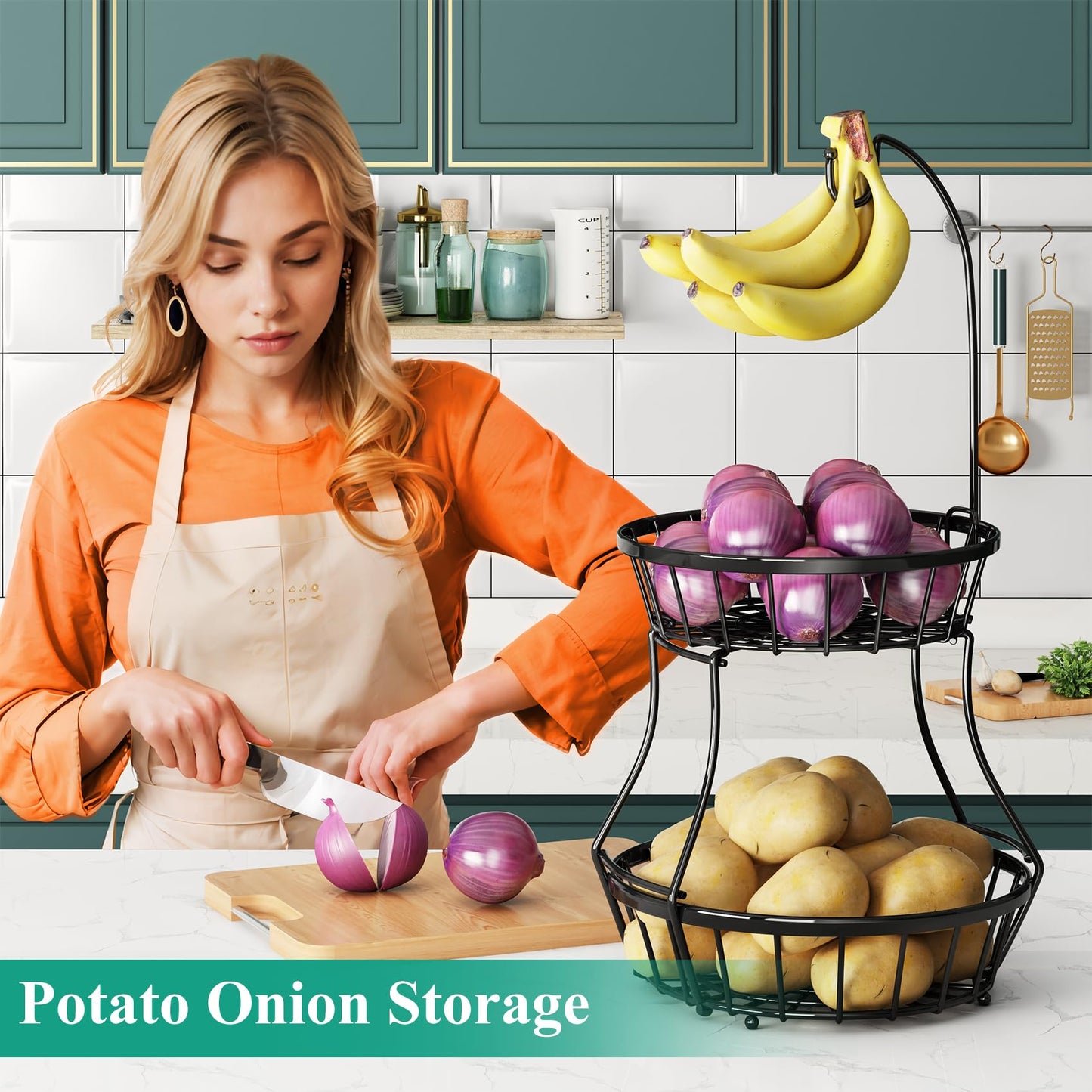 SAYZH 2-Tier Fruit Basket Bowl Stackable Vegetable Storage with Banana Tree Hanger Stand for Kitchen Countertop, Metal Wire Basket for Bread Onions Potatoes Black