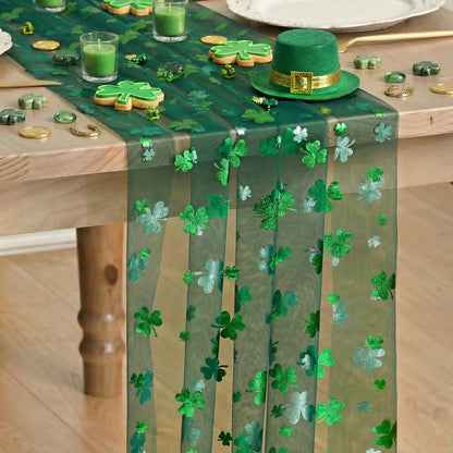 Artoid Mode Green Gauze Shamrocks St.Patrick's Day Table Runner 120 Inch 10FT,Seasonal Sheer Dining Holiday Baby Shower Table Decor for Home Party