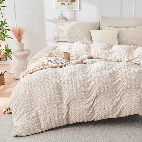 HYMOKEGE King Size Comforter Set - 7-Piece Seersucker Luxury Bedding in Beige for All Seasons