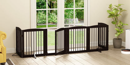 PUPETPO Freestanding Pet Gates with Walk Through Door, Dog Indoor Fence, Dog Gate for The House, Doorway, Stairs, Extra Wide Pet Gate, Support Feet Included, 120 Inch Wide, 6 Panels 24" Tall, Brown