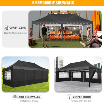 HOTEEL 10x20 Pop Up Canopy with 6 Sidewalls, Easy Setup Party Tent with Wheeled Bag, 4 Weight Bags, Silver Coated Event Shelter for Backyard, Vendor Booths, Black