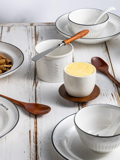 YHOJOY Ceramic Butter Dish With Lid, Butter Crock for Countertop, French Butter Keeper for Spreadable Butter, Elegant Embossed Pattern, Cream White