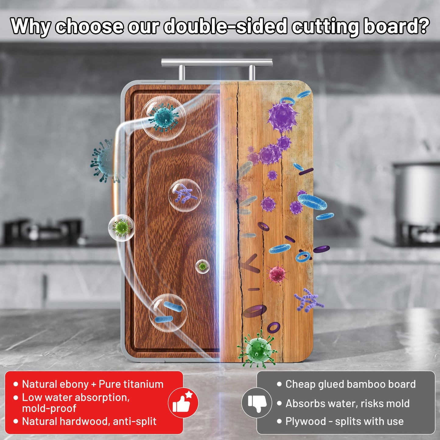 Titanium Cutting Boards For Kitchen,Ebony Wood Cutting Board,Double Sided Metal Chopping Board With Handle And Juice Groove, Idea Kitchen Appliances For Meat And Charcuterie