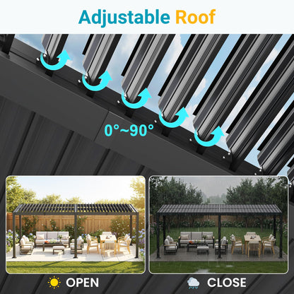 Louvered Pergola, 12' x 20' Outdoor Pergola, Metal Patio Gazebo with Adjustable Louvers Roof and Gutter System, Metal Hardtop Gazebo for Patio, Backyard, Deck, Garden, Dark Gray
