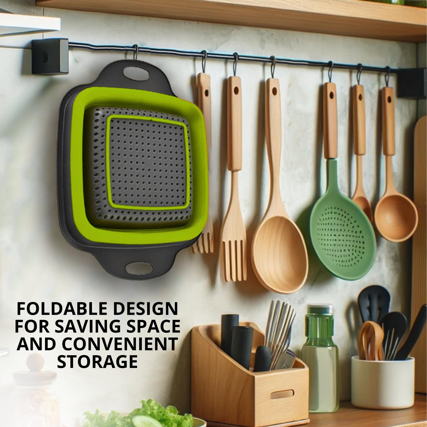 Small Collapsible Colander with Plastic Handles Round Silicone Kitchen Strainers Foldable Kitchen Strainer Perfect for Draining Pasta Vegetable and Fruit Green