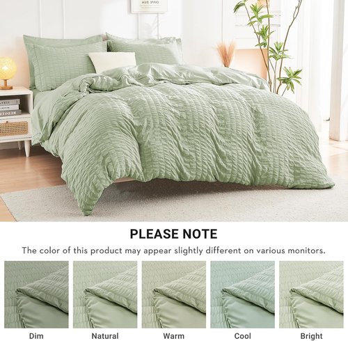 HYMOKEGE Queen Comforter Set - Light Green Seersucker 7-Piece Luxury Bedding Set for All Seasons