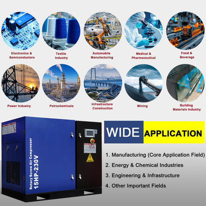 15HP Rotary Screw Air Compressor, 56 CFM, 125PSI, 230V 3PHASE 60HZ, Fixed Speed Compressor, Industrial-Grade, Heavy Duty Air Compressed System