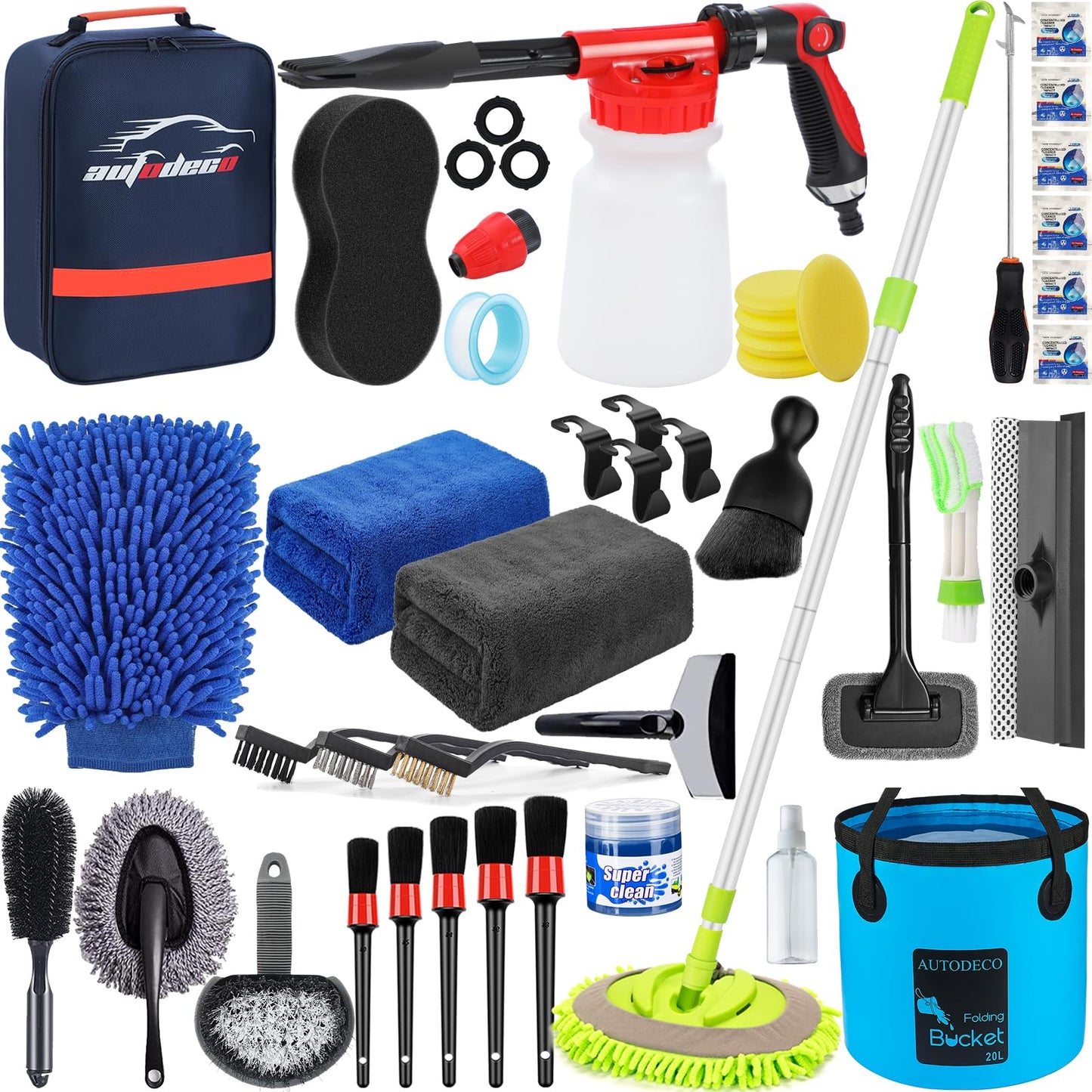 AUTODECO 42Pcs Car Wash Detailing Kit Cleaning Set with Foam Gun Sprayer, Long-Handle Brush, Collapsible Bucket, Large Wash Mitt, Towels, Complete Interior & Exterior Car Washing Supply Set (Blue)