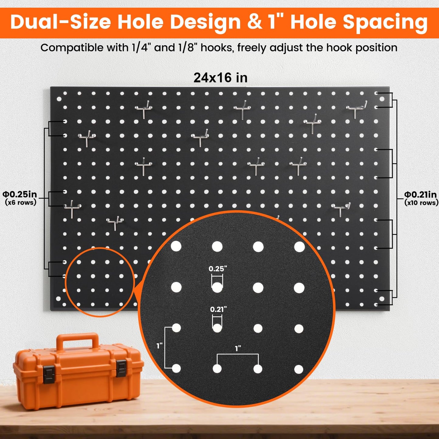 ENJOYWOOD Pegboard, 2 PCS 24"×16" Metal Peg Board Panels Black Modular Wall Organizer Kit with 30 Hooks, Dual-Size Hole Design for Home Tool Storage, Garage Organization, Kitchen, Office, Craft Room