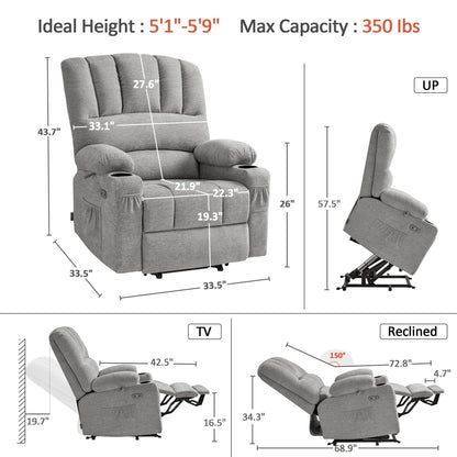MCombo Power Lift Recliner Chair for Elderly, Lift Chair with Heat and Massage, USB &Type C Ports, Cup Holders, Fabric 7095 (Medium, Grey)