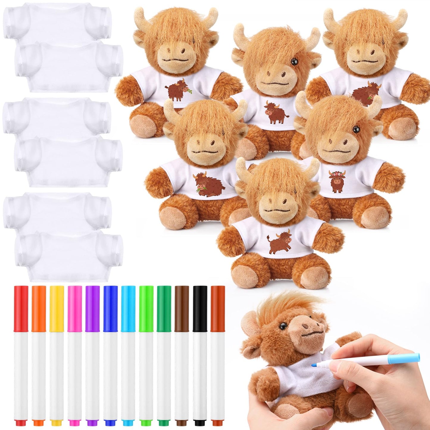 Blueweenly 24 Pcs 6 Sets Make Your Own Stuffed Animal Highland Cow Kit Including 6 Inches Soft Cow Plush with White T Shirt and 12 Colors Pens for Birthday Favors Forest DIY Crafting Gifts