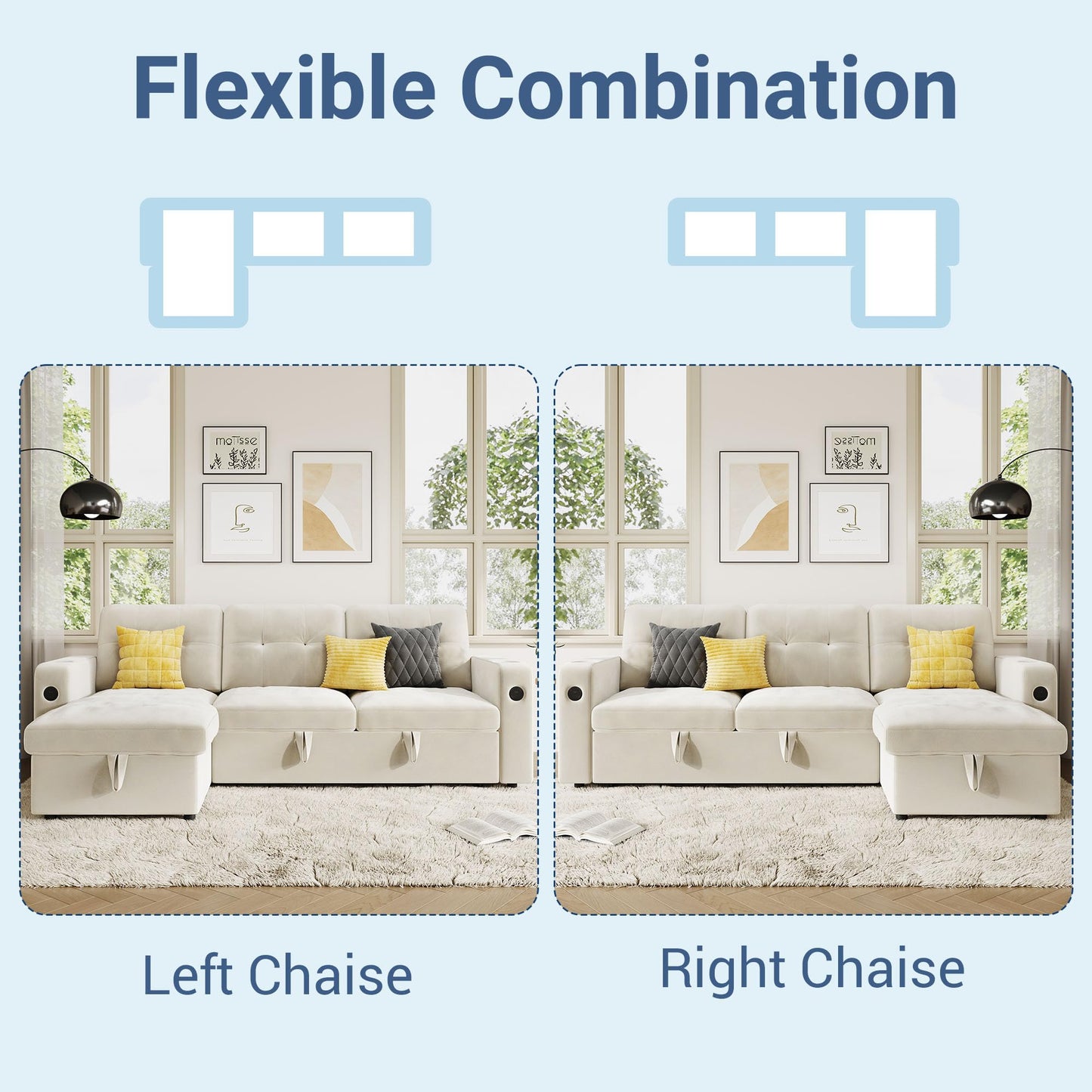 GarveeHome 84 Inch Sleeper Sofa Couch, L-Shaped Couches, Convertible Pull Out Sofa Bed with Storage, Charging Station, Led Lights, Modern Sectional Sofas for Living Room, Apartment, Velvet, Beige