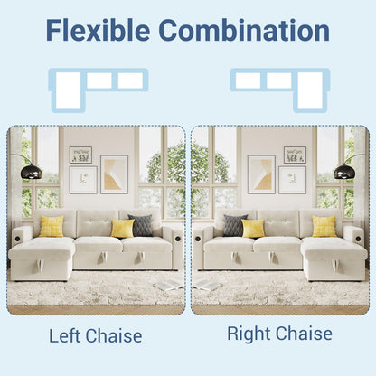 GarveeHome 84 Inch Sleeper Sofa Couch, L-Shaped Couches, Convertible Pull Out Sofa Bed with Storage, Charging Station, Led Lights, Modern Sectional Sofas for Living Room, Apartment, Velvet, Beige