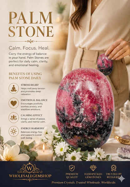 Wholesalegemshop Rhodonite Gemstone Carved Palm Stone/Pocket Palm Stone/Reiki Healing & Crystal Grid for Natural Body Chakra Balancing - Large Palm Stone Crystals