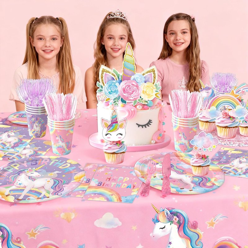 NKPDAXM Unicorn Birthday Decorations - Plates, Napkins, Cups, Cutlery, Hanging Swirls, Banner, Honeycomb Centerpiece, Balloons, Tablecloths for Rainbow Girls Birthday Party Decorations, Serves 24