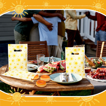 Supervitae 100 Pcs Boho Sun Plastic Gift Bags Bulk with Handles - First Trip Around the Sun Party Favors Summer Sunshine Treat Bags for Birthdays Weddings Snacks Candy Goodie Party Supplies