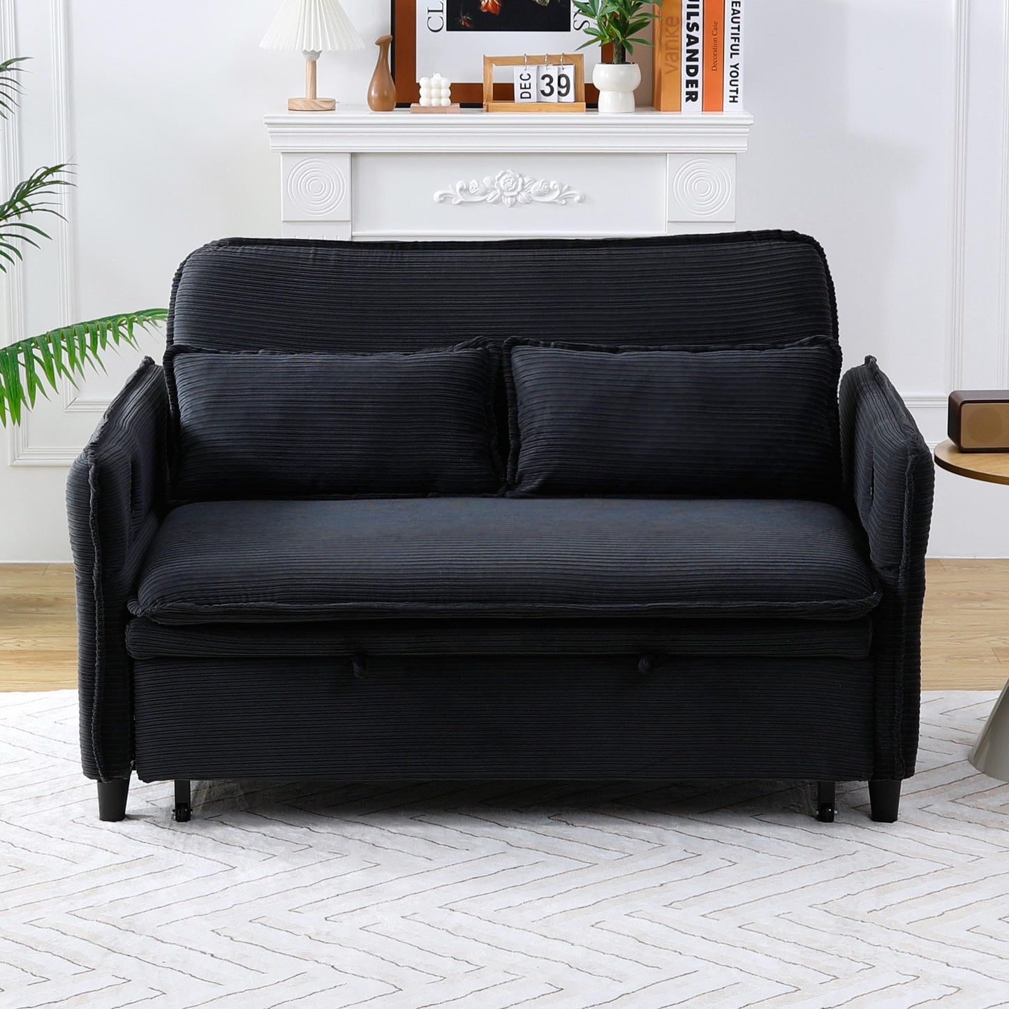 KEIKI 66" Convertible Sofa Bed w/Cup Holder, 3 in 1 Corduroy Sleeper Couch with Pull Out Bed, Adjustable Armrests & Backrests, Modern Chaise Lounge Chair for Living Room Bedroom, Easy Assembly, Black