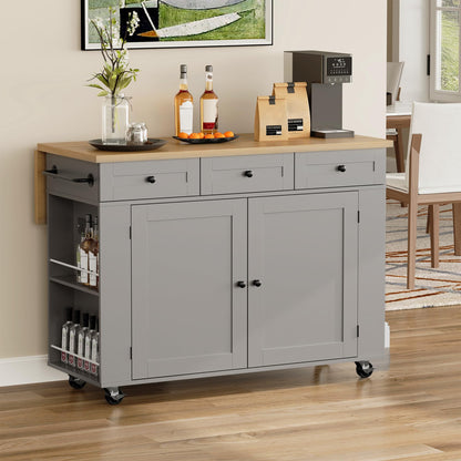 GarveeHome Rolling Kitchen Island with Drop Leaf Countertop, Charging Station & Ample Storage - 47.2 in Mobile Kitchen Cart On Wheels with Pull-Out Shelves, Drawers, Spice Rack & Organizer Divider
