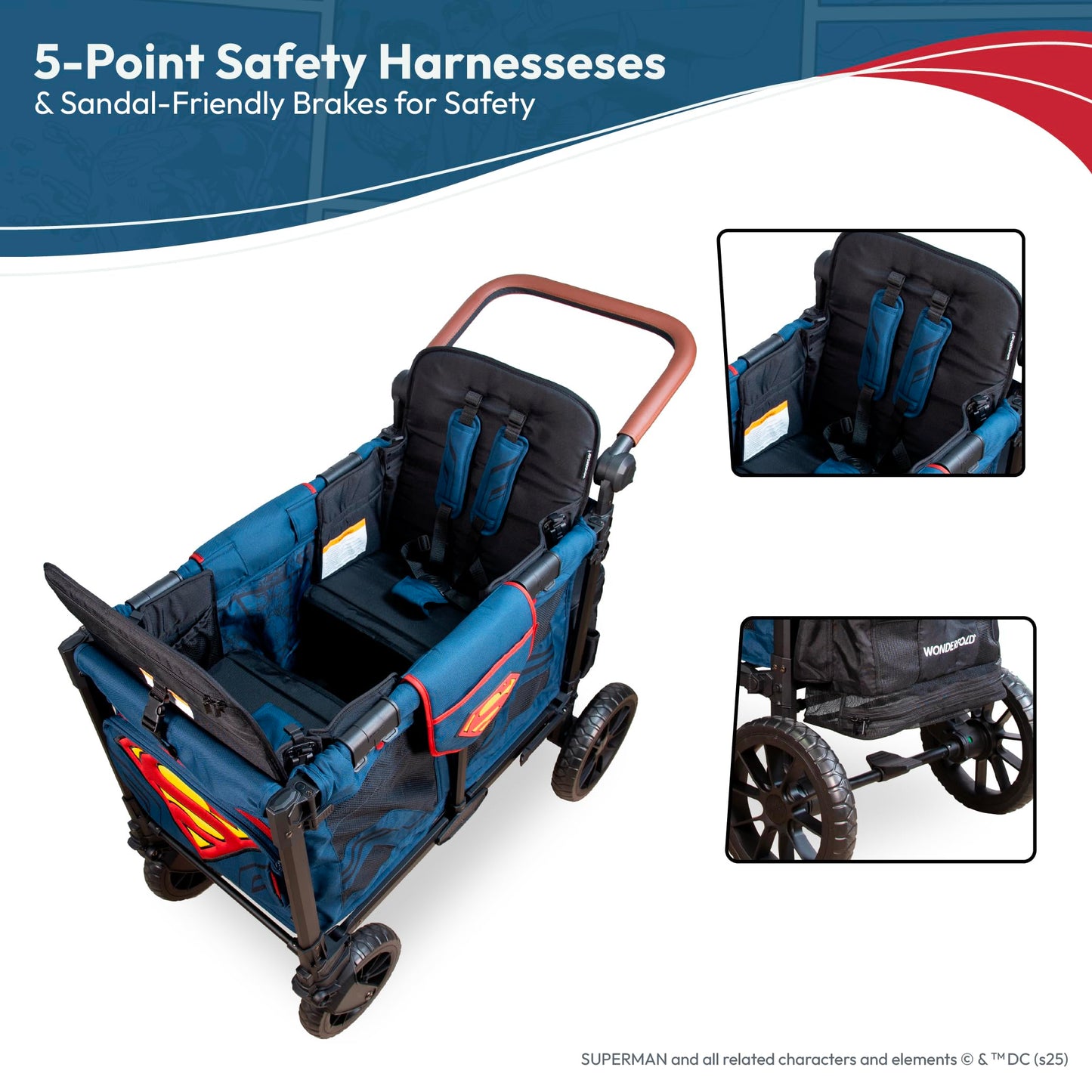 WONDERFOLD W2 Luxe Pro Special Edition Superman Stroller Wagon (2 Seater) - Collapsible Wagon Stroller with Seats with 5-Point Harnesses, Easy Access Zipper Door, and Removable Sun Canopy