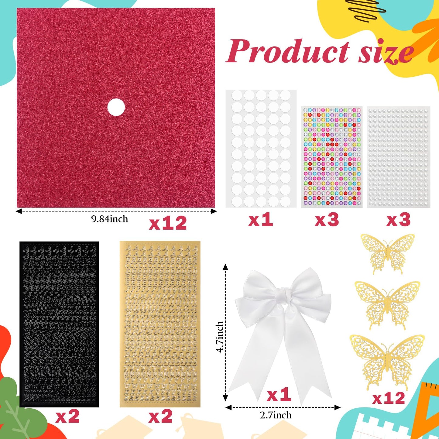Gilprop 56 Pcs Graduation Grad Cap Decorations Kit DIY Glitter Card Stock Construction Paper Bow Artificial Flower Heads 3D Butterfly Rhinestones Letter Stickers Adhesive Dots for Grad Hat(Red)