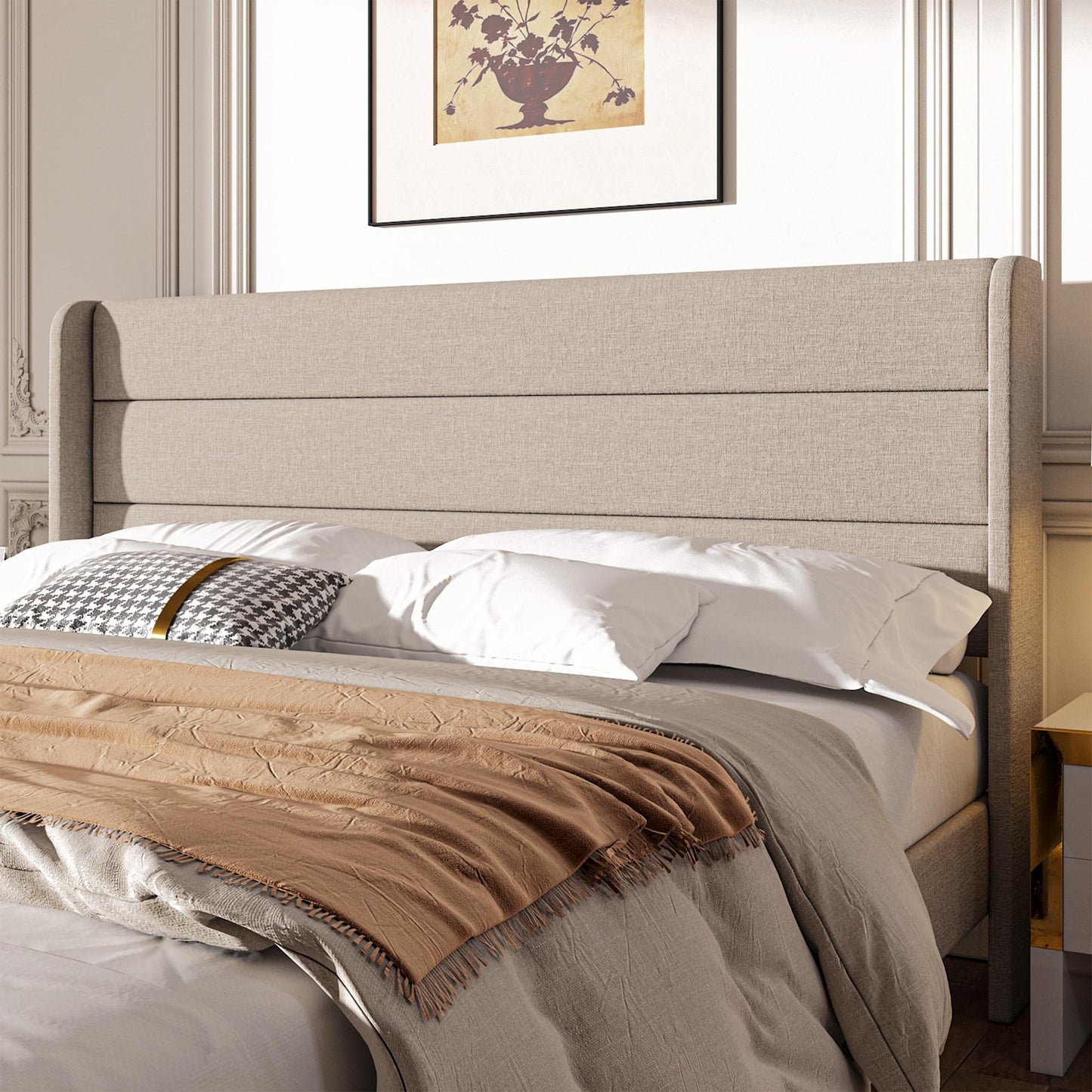 Mxhtcewz Full Size Upholstered Platform Bed Frame, Modern Linen Fabric Bed with Wingback Headboard, Sturdy No Wobble, Noise-Free & Easy Assembly, No Box Spring Needed, Beige