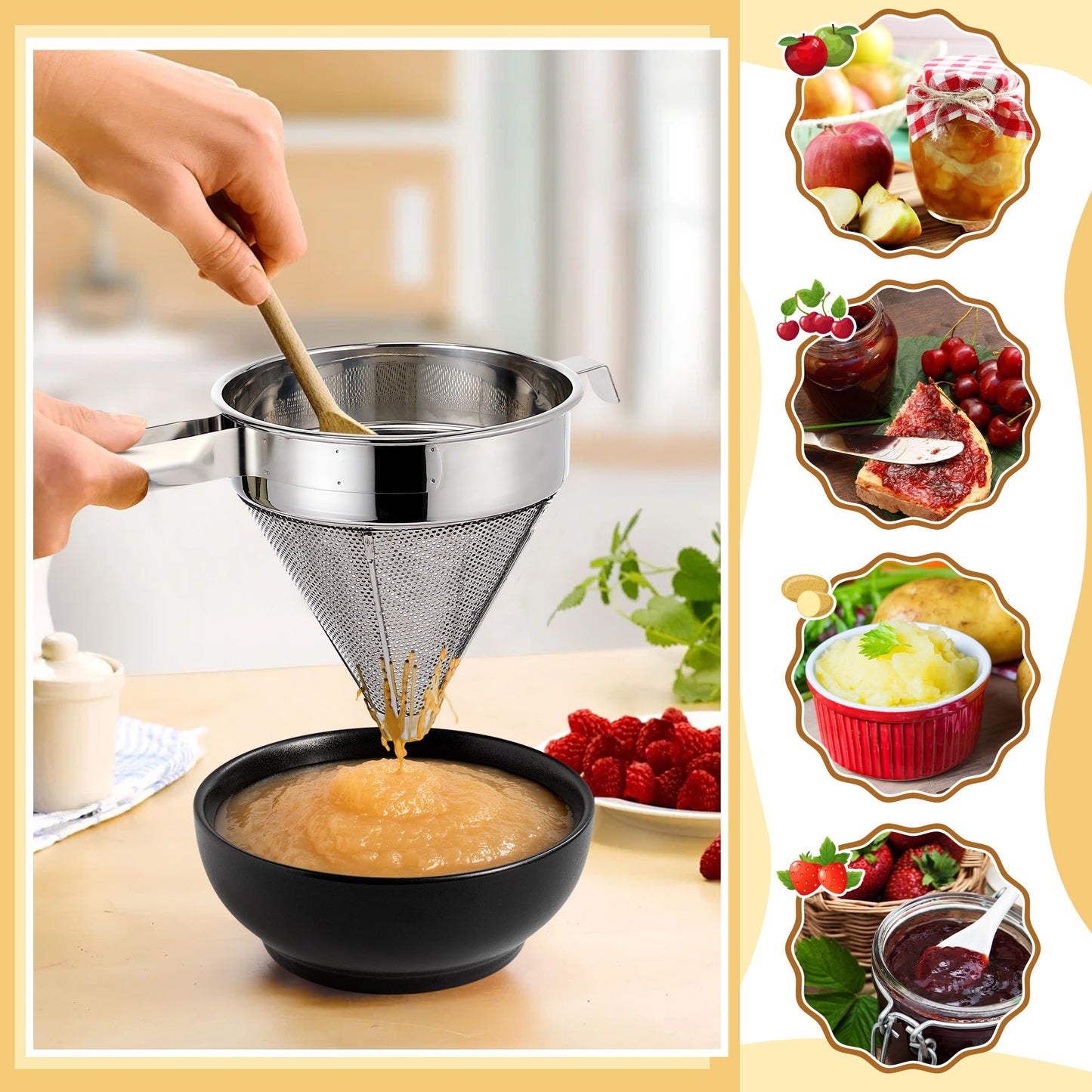 Feekoon Stainless Steel Chinois Strainer with Stand and Wooden Pestle Set, China Cap Strainer for Tomato, Berry, Fruit, Egg, Soup and Other Canning Jam Making Supplies, 15.35 x 7.67 x 7.28 inch