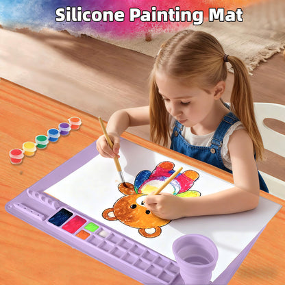 YESCOO Silicone Painting Mat, 20"X16" Craft Mat,Large Art Mat with Built in Cup and Paintbrush Holder, Nonslip Clay Mats, Color Dividers Silicone Mats for Painting, Table, Resin and DIY Purple