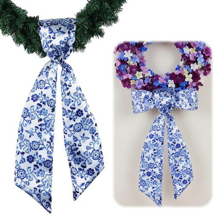 Chinoiserie Wreath Sash - Blue Floral Ribbon Decor for Front Door | 55x5 Inch Indoor/Outdoor Bow