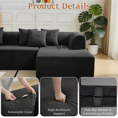 CACFTII 140" Oversized Boneless Couch, Curved Cloud Sectional Couch with L-Shape Chaise, Compressed Memory Foam Couch, Velvet Modular Sectional Sofa for Living Room, No Assembly Required, Black