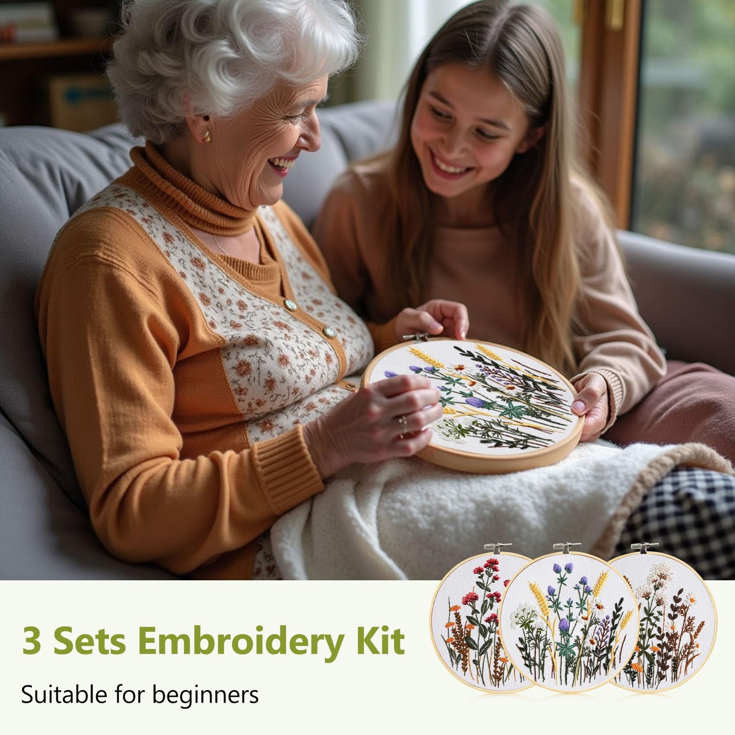 Santune 3 Pack Embroidery Kit for Beginners, Needlepoint Cross Stitch Kits for Adults,Needle Point Sets with Stamped Wild Flower Pattern Stitch Video Tutorial
