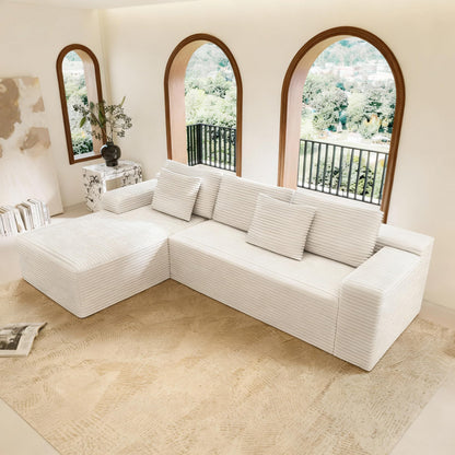 KEIKI 104.3" Modular Sectional Sofa, Compressed Upholstered Sleeper Sofa, Plush Corduroy Cloud Sofa for Living Room, Apartment, Bedroom, Free Combination, No Assembly, Right Chaise, White