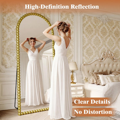 FlyEcho Arched Full Length Mirror, 71"x28" Antique Beaded Full Body Mirrors, Large Floor Mirror with Stand, Hanging Mounted for Bedroom Living Room Cloakroom Hallway Decor, PU Frame, Gold