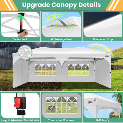 COBIZI 10x20 Pop Up Canopy Tent, Outdoor Party Tent with 4 Sidewalls, 1 Person Easy Set up, Tents for Parties with Fluorescent Strip & 4 Sandbags, Waterproof UPF50+, 3 Adjustable Height, White