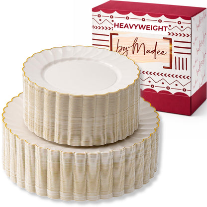 By Madee HEAVYWEIGHT 100 Pc Scalloped Ivory & Gold Plastic Plates for Party | 50 Dinner & 50 Dessert Disposable Plates Heavy Duty | Elegant & Fancy for Wedding, Baby Shower, Bridal Shower - 50 Guests