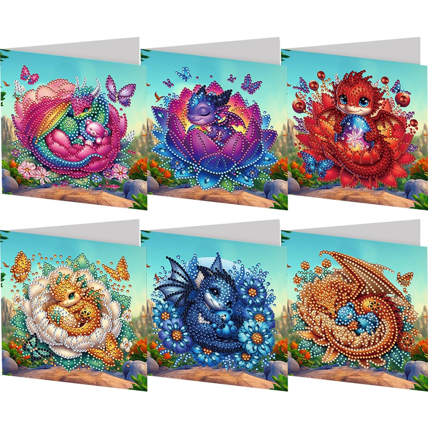 6 Packs DIY Diamond Art Cards Kit, Diamond Art Painting Cards, Diamond Art Cards with Envelope for Christmas Birthday Thanksgiving Day Holiday (Bud Dragon)