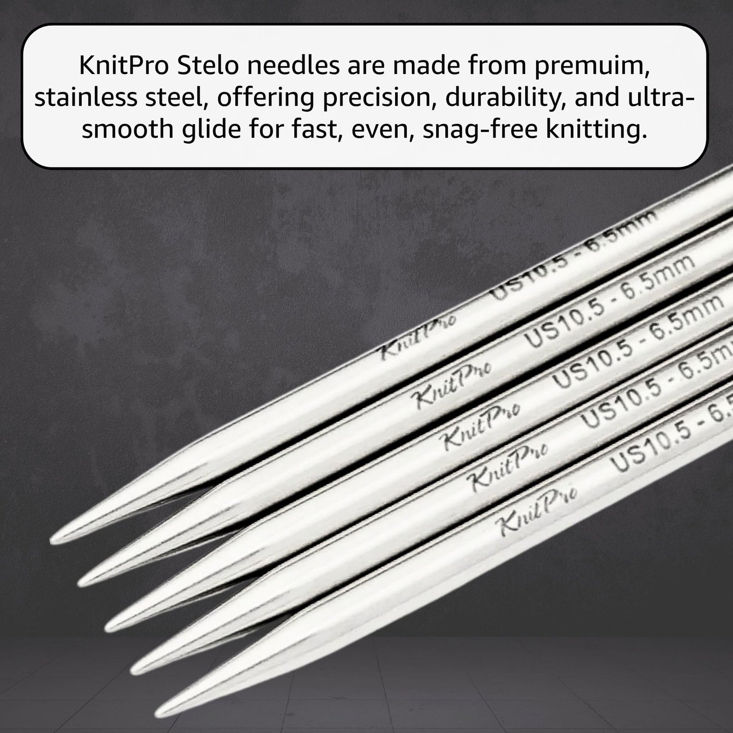 KnitPro Stelo Lace DPN Double Pointed Knitting Needles 6" (15cm) US 10 (6mm) Stainless Steel, Precision Tapered Tips, Smooth Yarn Glide, Ideal for Socks, Hats, & Sleeves, Incl. 10 Stitch Markers