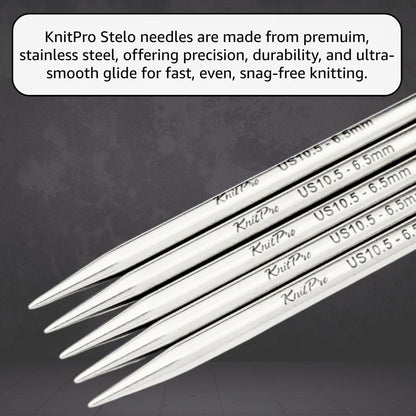KnitPro Stelo Lace DPN Double Pointed Knitting Needles 6" (15cm) US 10 (6mm) Stainless Steel, Precision Tapered Tips, Smooth Yarn Glide, Ideal for Socks, Hats, & Sleeves, Incl. 10 Stitch Markers