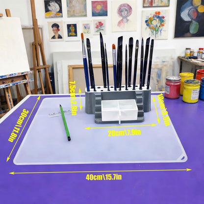 QIXIN Paintbrush Storage Set - Sturdy Organizer with Pen Tray & Leak-Proof Pad, Ideal for Artists, Hobbyists & Crafters (Rectangular)