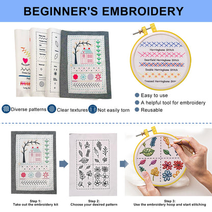 Losaria 100 PCS Complete Embroidery Stitch Kit with Includes Step-by-Step Instructions, Hoops, Threads, Needles & Fabric, All-in-One Portable Starter Set for Adult Beginners & DIY Craft Enthusiasts