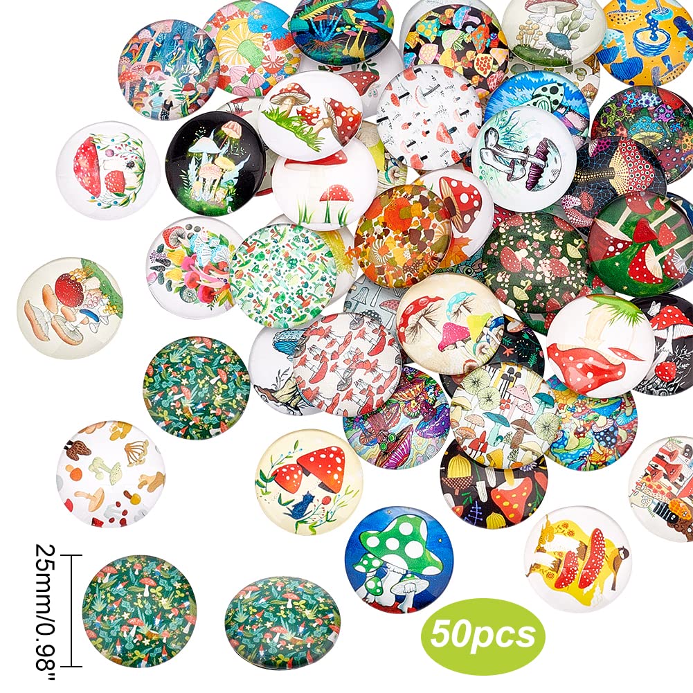 PH PandaHall 25mm Mushroom Glass Cabochons 50 Styles Half Round Tiles Glass Cabochons Dome Gems for Photo Cameo Pendant Jewelry Making Handcrafts Scrapbooking