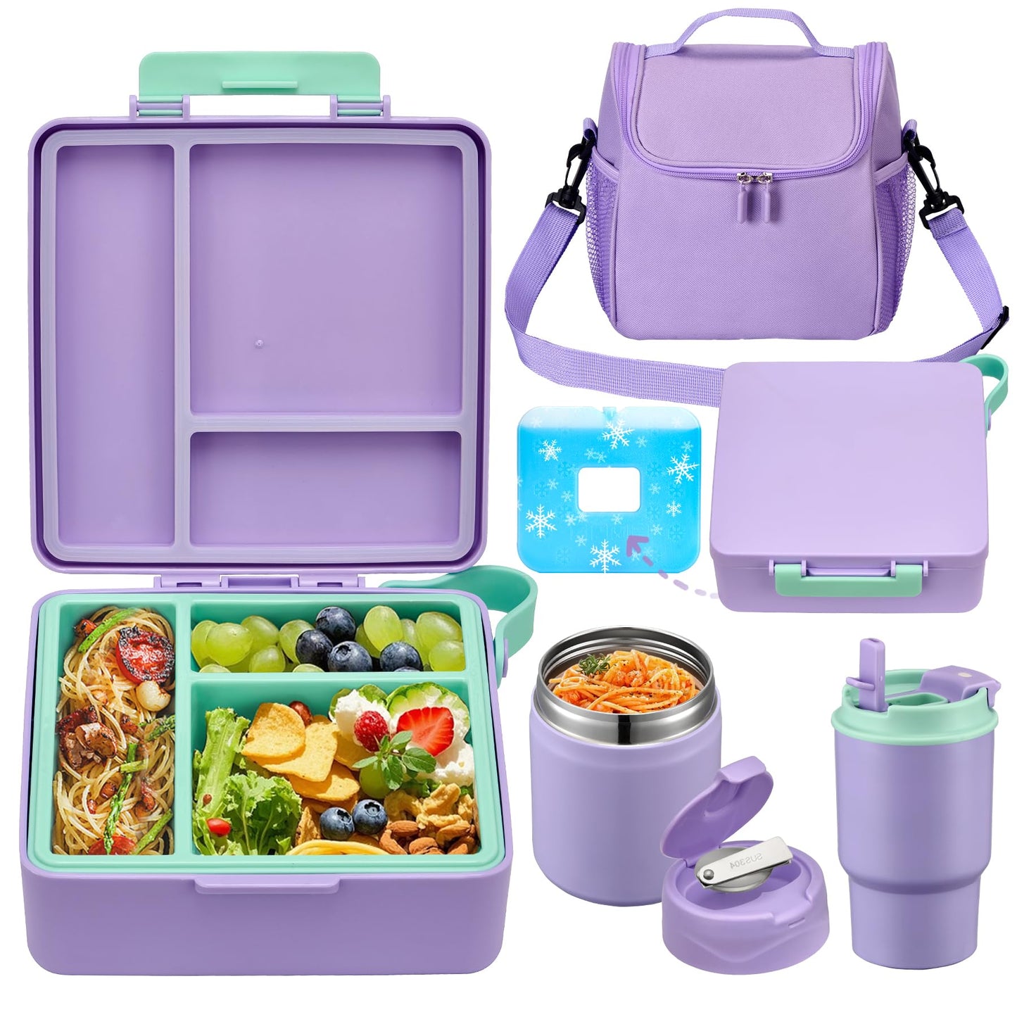 Bento Lunch Box for Kids with 17oz Soup Thermo,Insulated Tumbler Water Bottle and Insulated Lunch Bag,Leak-Proof 3 Compartment Lunch Food Container with Ice Pack for Kids to School-Purple