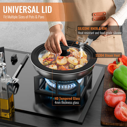 CnSneg Universal Lids for Pots, Pans and Skillets, 10.5", 11" and 12" Pan Lid, Tempered Glass Pot Lid with Silicone Rim Heat Resistant, Replacement Pan Cover for Frying, Wok, Crock Pot Lid, Black