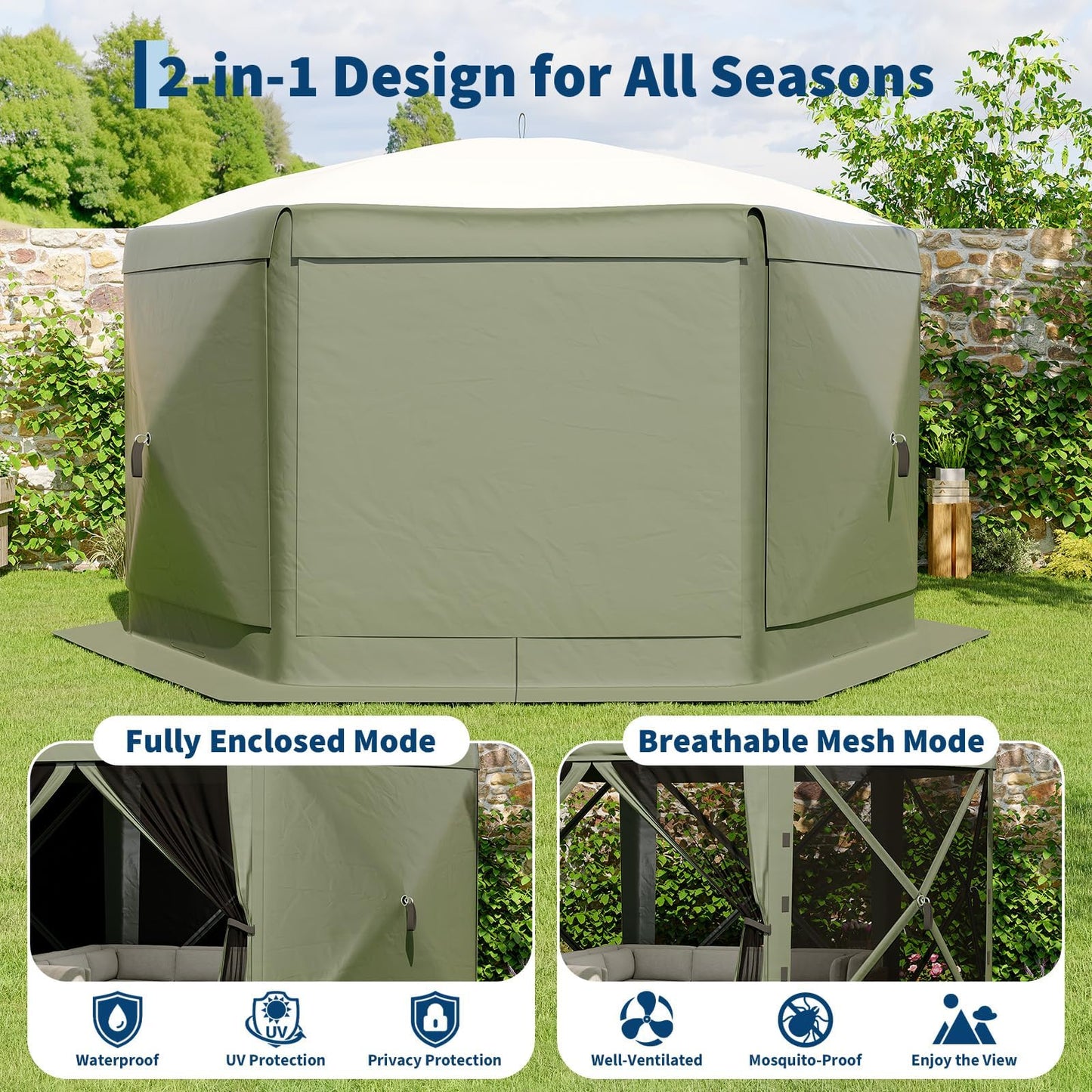 11FT Pop Up Canopy Tent with Mesh Screens – Hexagon Shelter, 6 Side Walls, 210D Polyester, 9.5mm Steel Frame, 230cm Height – Outdoor Camping Gazebo for Beach, Garden, Party, Events
