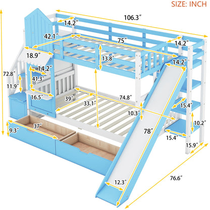Twin-Over-Twin Bunk Beds Castle Style Bunk Bed with 2 Drawers 3 Shelves and Slide - Blue